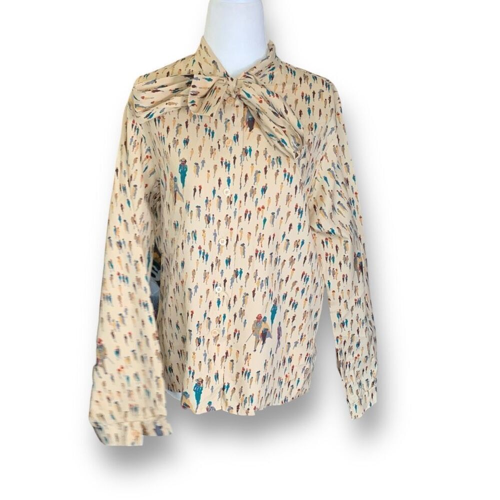 Vintage Multicolor Patterned Blouse with Bow Tie - Picture 2 of 9